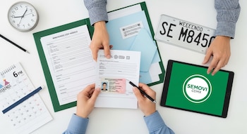 Vista cenital de un escritorio: manos con documentos, licencia, placa de auto, tablet con logo SEMOVI CDMX, reloj analógico y calendario de fin de semana.
