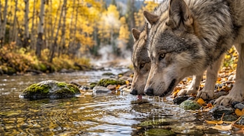Dos lobos grises beben de un arroyo en cuya orilla hay rocas con musgo y árboles con follaje amarillo.