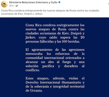 Publicación realizada por el Ministerio de Relaciones Exteriores de Costa Rica en contra del ataque ruso a ucrania. Crédito: Ministerio de Relaciones Exteriores Costa Rica