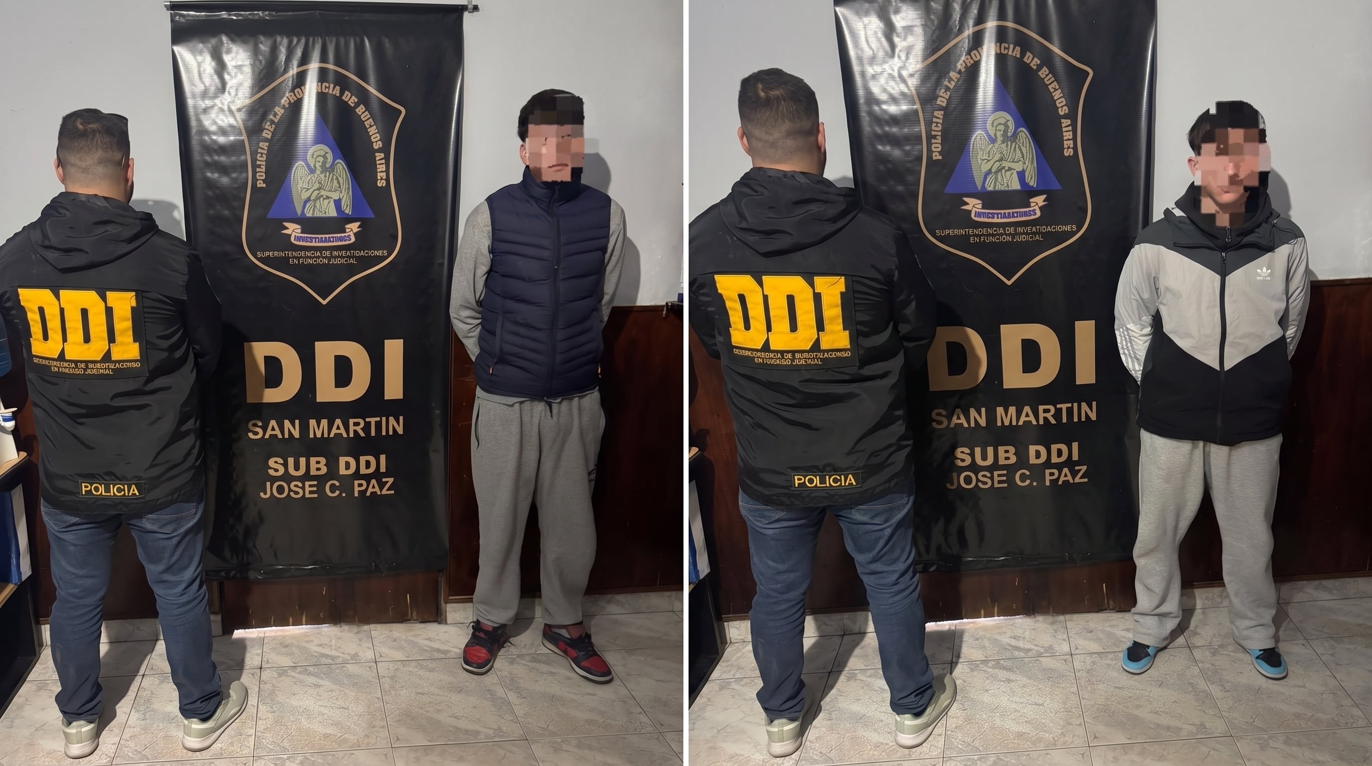 Agentes de la Policía de la Provincia de Buenos Aires custodian a los dos sospechosos aprehendidos en la sede de la Sub DDI de José C. Paz.