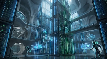 Vista de una instalación tecnológica futurista con columnas de racks de servidores iluminados en azul y verde, y dos robots humanoides interactuando con interfaces holográficas flotantes.