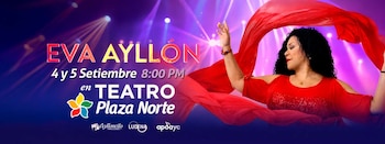 Cartel con Eva Ayllón vestida de rojo sobre fondo morado con datos de sus presentaciones en el Teatro Plaza Norte