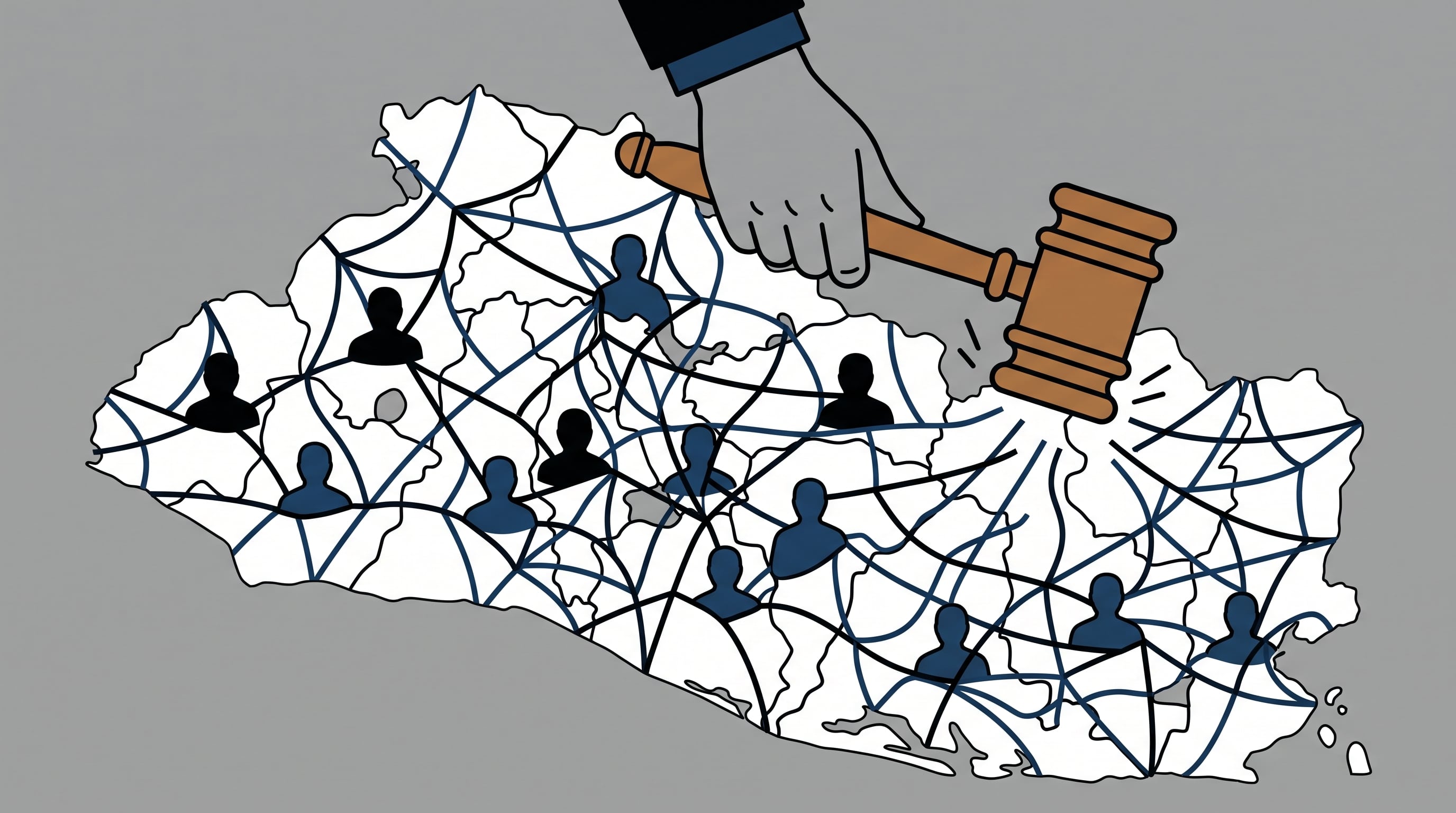Un mazo judicial rompe una red sobre el mapa de El Salvador que atrapa diversas siluetas humanas. (Imagen Ilustrativa Infobae)