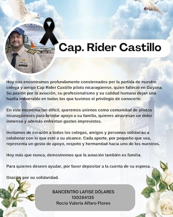 Colegas y amigos del Capitán Rider Castillo han iniciado una colecta para apoyar a su viuda, Rocío Valeria Alfaro Flores, con los gastos de repatriación y el sustento de sus tres hijos menores de edad.