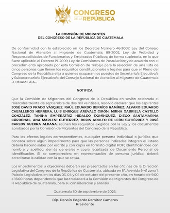 Documento oficial con el logotipo del Congreso de Guatemala que contiene una notificación escrita y la firma del diputado Darwin Ramírez Cameros