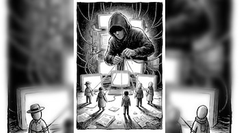 Ilustración en blanco y negro de una persona encapuchada atando hilos a cinco figuras humanas pequeñas frente a varias computadoras y papeles rotos en el suelo.