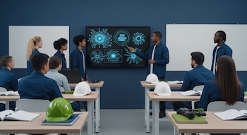 Un instructor señala una pantalla con diagramas de inteligencia artificial a un grupo diverso de jóvenes en un aula. Mesas con cascos y manuales están dispersas.