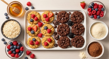 Charola blanca con dos filas de galletas de frutos rojos y dos filas de galletas de chocolate; rodeada de recipientes con avena, miel, frutos rojos, chocolate, harina de almendra.