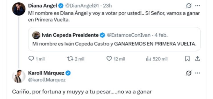 La actriz Diana Ángel manifestó abiertamente su respaldo a Iván Cepeda como candidato presidencial y recibió una contundente respuesta de Karoll Márquez - crédito @DianAngel01/ X