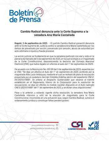 Comunicado oficial de Cambio Radical