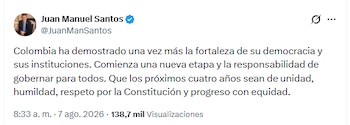 El expresidente de la República afirmó que el próximo gobierno deberá trabajar en la unidad nacional - crédito @JuanManSantos/X