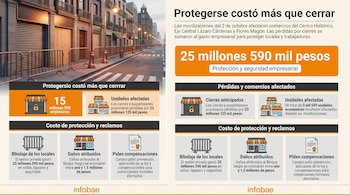 Infografía con ilustraciones de comercios, vallas de seguridad y textos con cifras sobre pérdidas económicas y costos de protección.