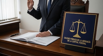 Un individuo de pie, vestido con traje, jura con una mano sobre la Constitución abierta y la otra levantada. A la derecha, una placa del Colegio Público de la Abogacía de la Capital Federal.