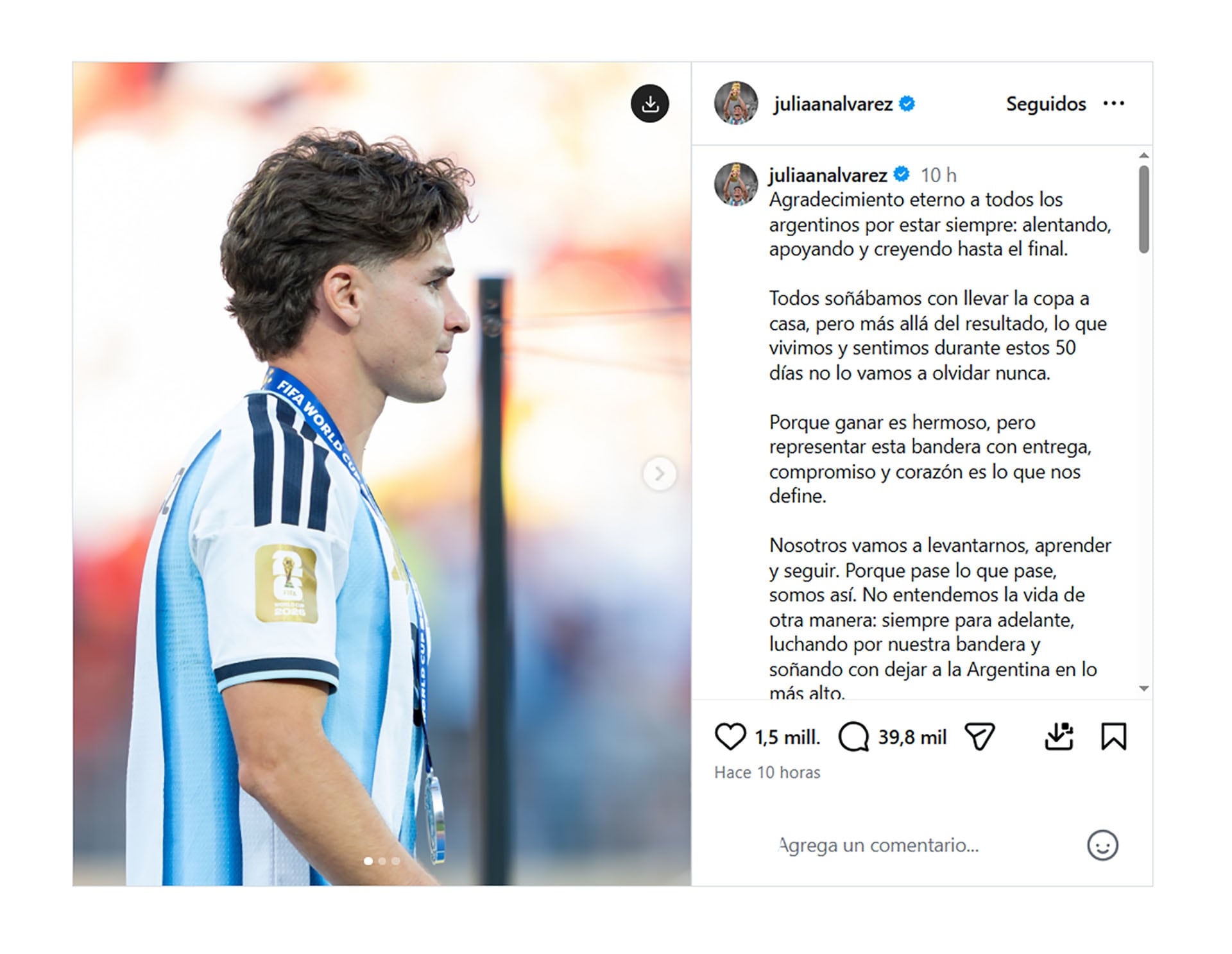 El posteo de Julián Álvarez en sus redes (@juliaanalvarez)