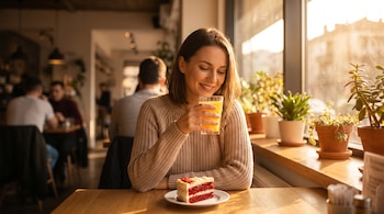 Una mujer sentada ante una mesa sostiene un vaso de jugo de naranja al lado de un plato con una porción de pastel de capas rojas y blancas.