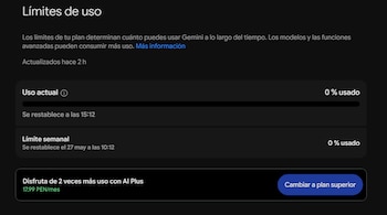 Gemini te avisa cuando estás llegando a su límite de uso.