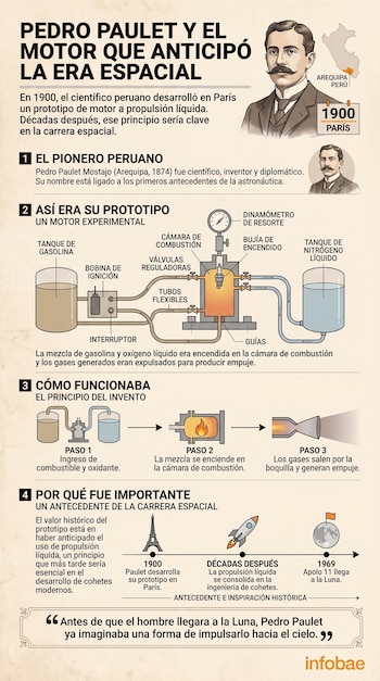 Infografía con ilustraciones de Pedro Paulet, un mapa de Perú, un motor prototipo con tanques y componentes, y una línea de tiempo con hitos espaciales.
