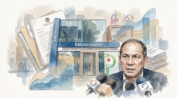 Ilustración de acuarela con el edificio de Colpensiones, documentos oficiales, gráficos financieros, y el rostro del ministro Antonio Sanguino hablando ante micrófonos.