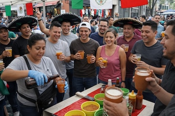 Un grupo de gente sonriente con sombreros y bebidas en una calle festiva con banderas mexicanas. Una mujer vierte cerveza en un vaso escarchado.