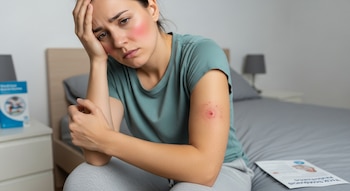 Una mujer sentada en una cama con mano en la frente, mejillas rojas y una picadura inflamada en el brazo, junto a un folleto en el colchón.