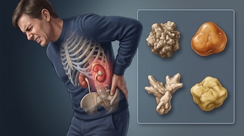 Un hombre con dolor se toca la espalda dejando ver los riñones, acompañado por cuatro piedras minerales de distintas formas y colores.