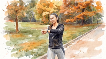 Ilustración acuarela de mujer en ropa deportiva consultando su reloj inteligente en un parque con árboles otoñales y camino.