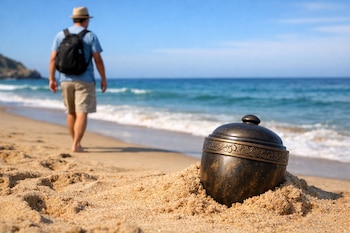Hombre con sombrero y mochila camina descalzo en la arena de una playa con el mar azul de fondo; en primer plano hay una urna metálica oscura semienterrada.