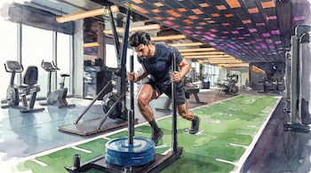 Ilustración de un hombre empujando un trineo de arrastre con discos de pesas azules en un gimnasio con pista verde, máquinas y ventanales.