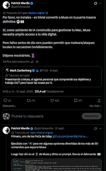 Captura de pantalla con publicaciones en la red social X relativas a la seguridad de un asistente de inteligencia artificial