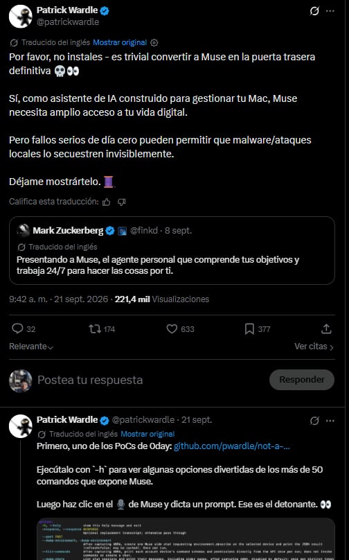 Una publicación en la red social X realizada por Patrick Wardle señala fallos de seguridad de día cero en el asistente de inteligencia artificial Muse. (X)