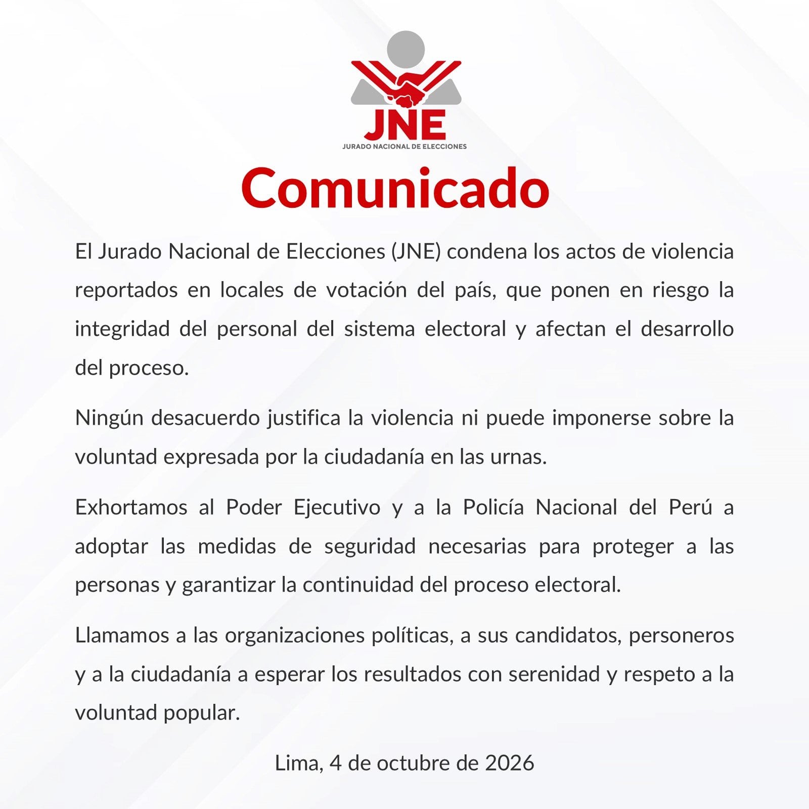 El Jurado Nacional de Elecciones de Perú condena la violencia en centros de votación y exhorta a las autoridades a reforzar las medidas de seguridad. (Foto: JNE)