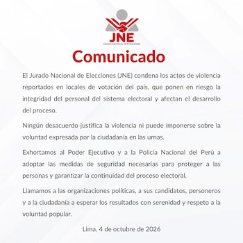 Comunicado con el logotipo del Jurado Nacional de Elecciones, texto en cuatro párrafos y la fecha 4 de octubre de 2026