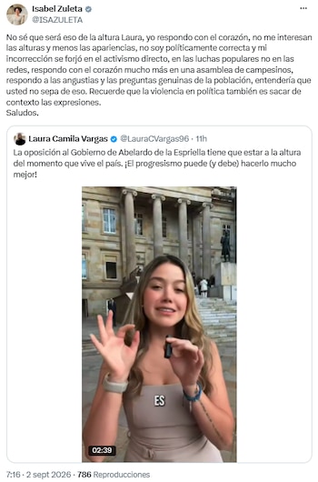 Isabel Zuleta respondió a Laura Camila Vargas y defendió su postura desde el activismo popular - crédito @ISAZULETA/X