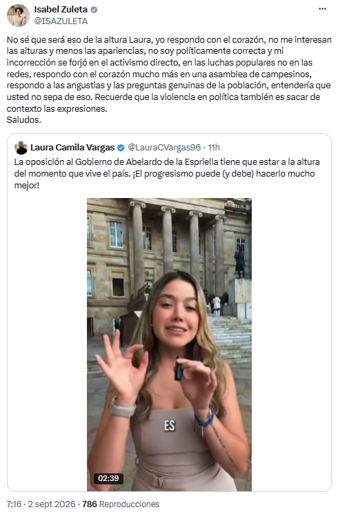 Isabel Zuleta respondió a Laura Camila Vargas y defendió su postura desde el activismo popular - crédito @ISAZULETA/X