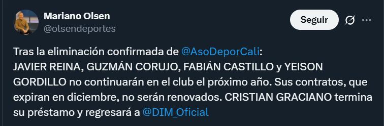 Mariano Olsen confirmó baja de algunos futbolistas del Deportivo Cali de cara al 2026- crédito @olsendeportes/X