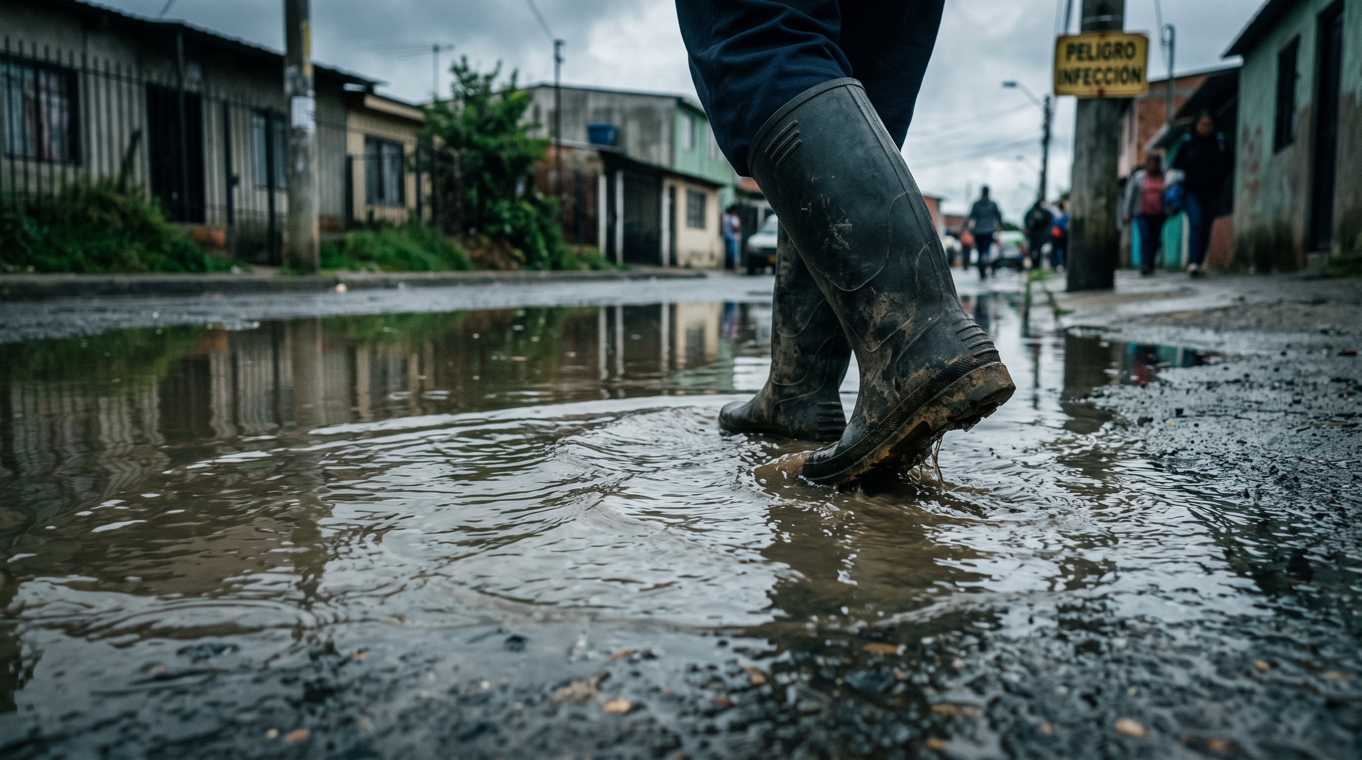 Una persona camina con botas de goma sobre agua estancada en un barrio residencial tras intensas lluvias, en un contexto de alerta por inundaciones y riesgo de zoonosis. (Imagen Ilustrativa Infobae)