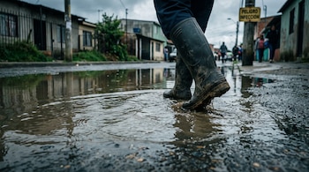 Unas botas de goma oscuras pisan un charco de agua turbia en una calle con casas y un cartel con la leyenda Peligro Infección.