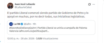 Juan José Lafaurie criticó el respaldo del Partido Liberal a Paloma Valencia - crédito @LafaurieCabal/X
