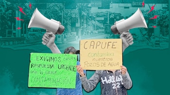 Manos con megáfonos. Fondo ilustrado de carretera. Dos personas sujetan pancartas que denuncian a CAPUFE por contaminación del agua y exigen respuesta