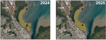 Dos imágenes satelitales comparativas etiquetadas 2024 y 2025 con una zona sombreada en verde, puntos rojos y coordenadas geográficas