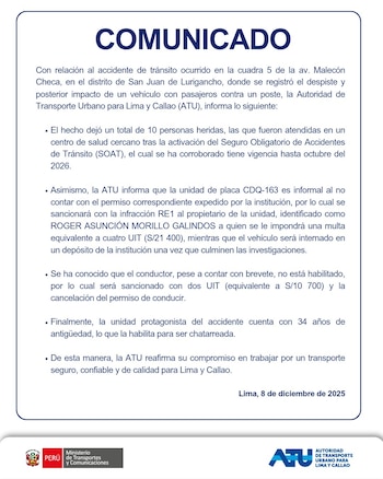 Comunicado de la ATU