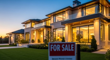 Primer plano de una vivienda moderna con césped, un cartel rojo "FOR SALE" desenfocado en el jardín y luces interiores encendidas.