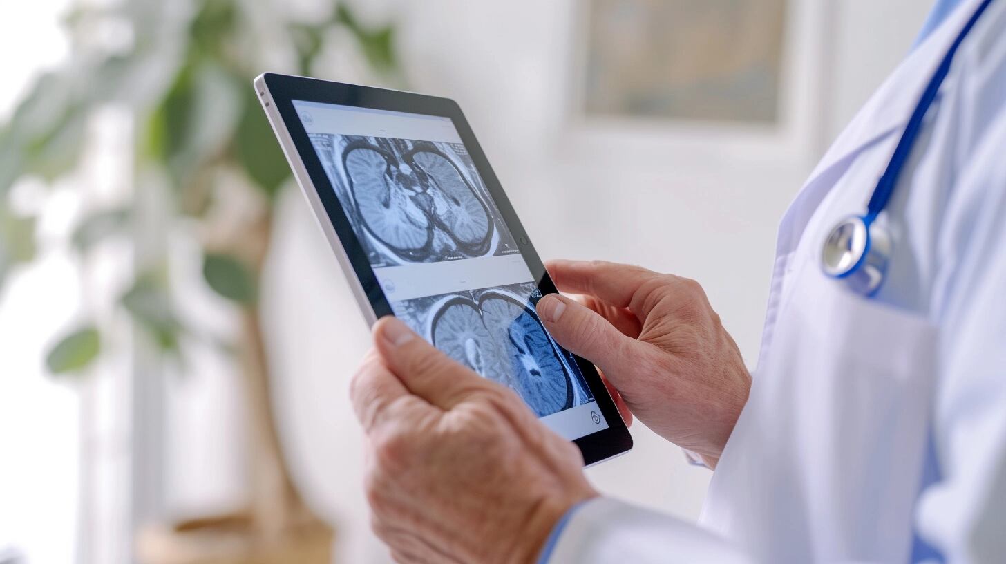 Un doctor profesional de más de 50 años utiliza una tablet para mostrar los resultados de una tomografía, destacando la importancia de los avances en la medicina para el examen y análisis de la salud cerebral. Este chequeo es esencial para la detección temprana de enfermedades, reflejando el compromiso del médico con el control y la prevención. La tecnología se convierte en un aliado clave en el diagnóstico médico. (Imagen ilustrativa Infobae)