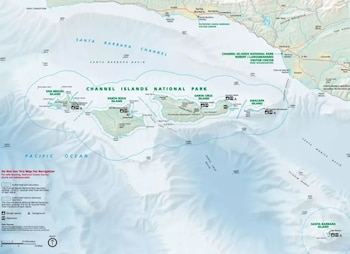 Mapa topográfico y batimétrico del Parque Nacional Islas del Canal. Muestra islas San Miguel, Santa Rosa, Santa Cruz, Anacapa, y costa de California