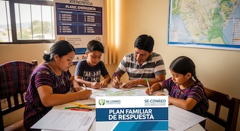 Una familia guatemalteca (dos adultos, dos niños) escribe en documentos sobre un mapa. Detrás, un cartel de emergencia y un mapa geográfico en la pared.