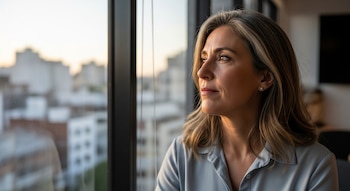 Primer plano de una mujer de mediana edad con cabello castaño y mechas grises, mirando por una ventana. El fondo muestra edificios urbanos borrosos.