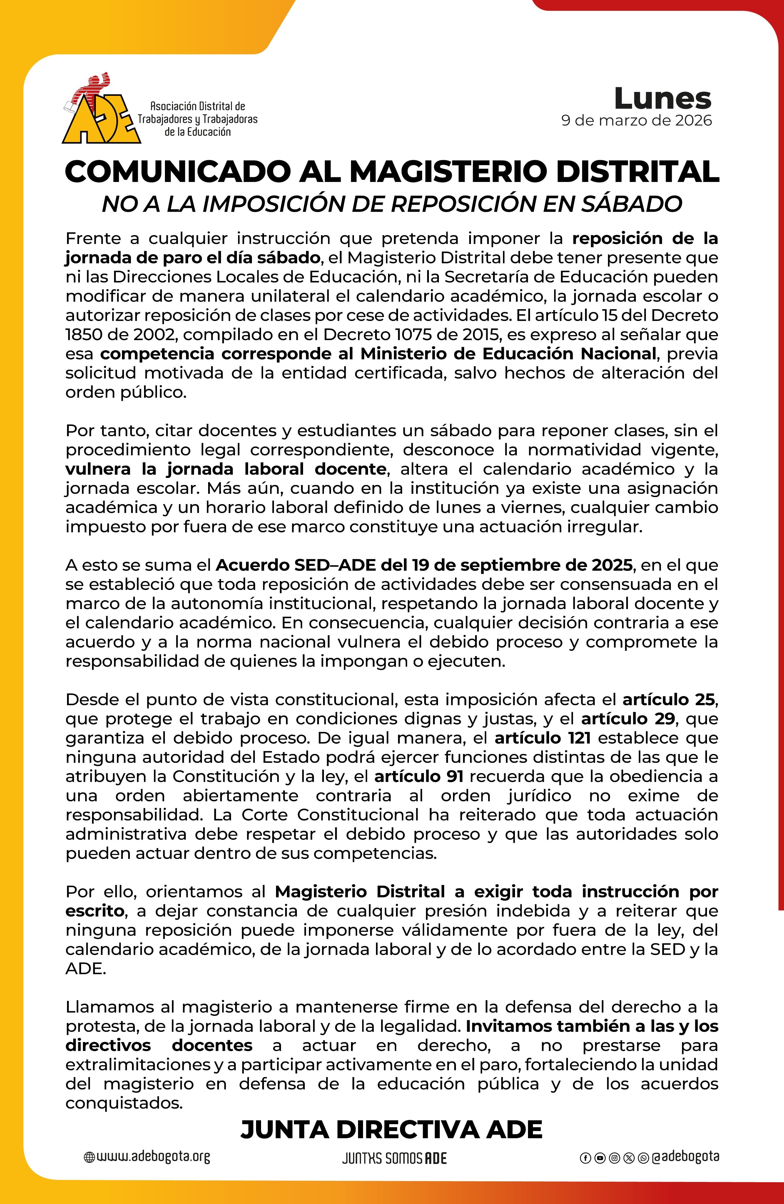 Sindicato rechaza reposición de clases el sábado - crédito @adebogota/X