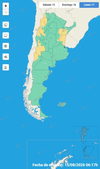 Mapa de Argentina con divisiones provinciales en colores verde y amarillo, botones de zoom, iconos de fenómenos meteorológicos, pestañas de fechas, y fecha de emisión