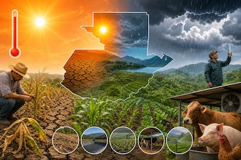 Ilustración con el mapa de Guatemala dividido entre sol y lluvia, agricultores, tierra agrietada, termómetro, cultivos, ganado y seis círculos.