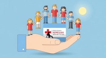 Mano beige abierta sostiene una caja de medicamentos blanca y celeste con el logo de Remediar. Sobre ella, figuras humanas estilizadas unidas de la mano; fondo azul claro y sol.